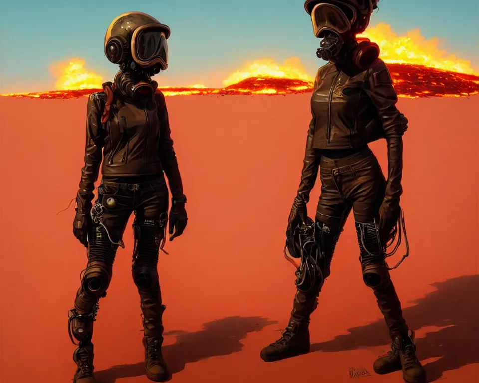 Image similar to a ultradetailed beautiful panting of post apocalyptic biker with helmet in front of burning desert, by ilya kuvshinov, greg rutkowski and makoto shinkai, trending on artstation