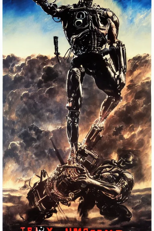 Prompt: Movie poster of Terminator, Highly Detailed, Dramatic, A master piece of storytelling, by frank frazetta, ilya repin, 8k, hd, high resolution print