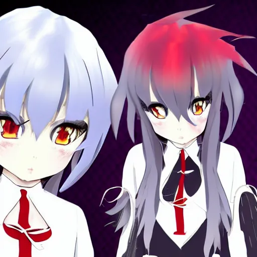 Prompt: vtuber white hair, red eyes, two little horn on the head, anime style, manga