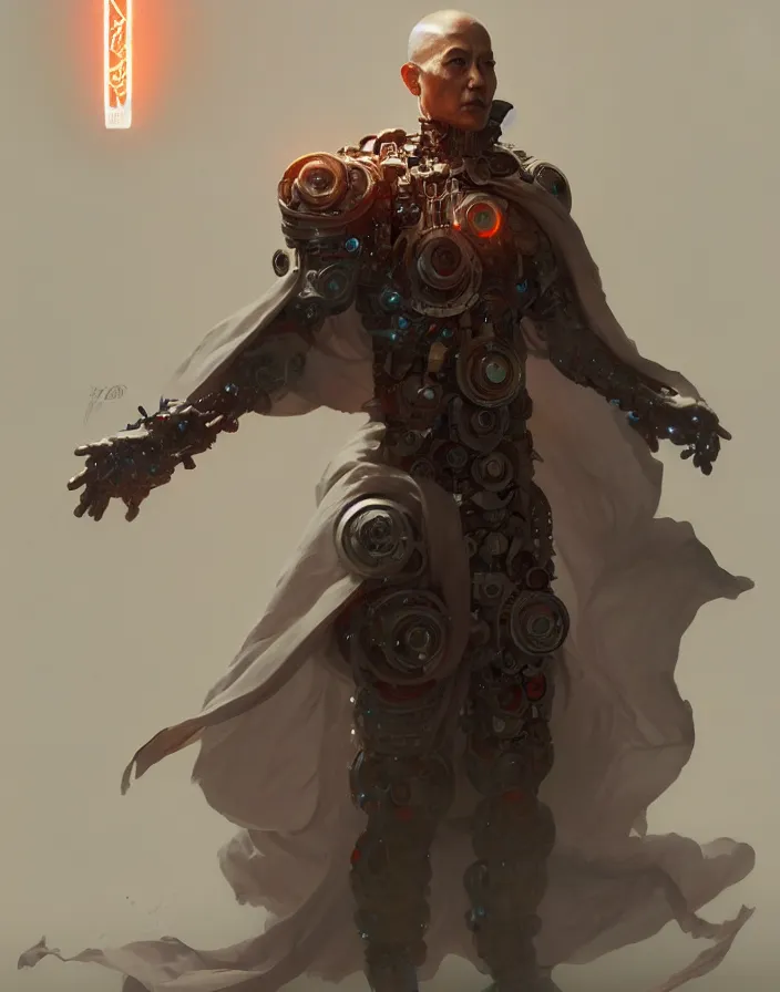 Image similar to a cyborg warrior monk wearing a flowing cloak, cyborg hardware, 3 d render, octane, zbrush, painting, artstation, concept art, smooth, sharp focus, illustration, art by artgerm and greg rutkowski and alphonse mucha