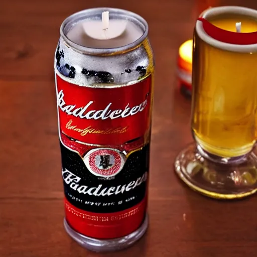 Prompt: candle and budweiser beer can trippy