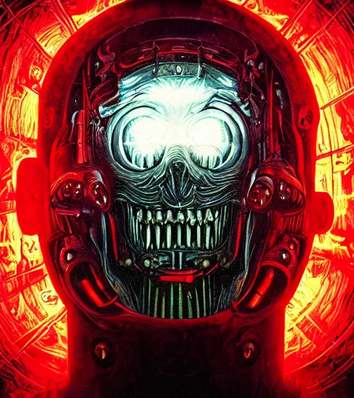 Prompt: profile picture of lovecraftian terminator with glowing red eyes, surrounded by beams of light dark background by wayne barlow, stanley donwood, anton semenov, zdzislaw bekinski, hr giger, 8 k, fantasy, dark, highly detailed