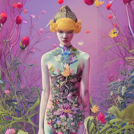 Image similar to pretty model with botanical and water lilies : : by martine johanna and simon stalenhag and chie yoshii and casey weldon and wlop : : ornate, dynamic, particulate, rich colors, intricate, elegant, highly detailed, vogue, harper's bazaar art, fashion magazine, smooth, sharp focus, 8 k, octane render