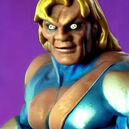 Image similar to creepy muscular he-man villain creature toy from a bad 90s commercial, distorted vhs footage