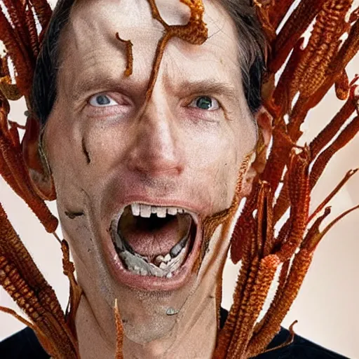 Prompt: long shot photo of a man where his skin is covered with cordyceps militaris, mouth open style by michael crichton and david cronenberg