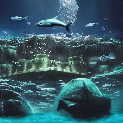 Image similar to underwater Edinburgh Castle, deep underwater, fish shoal, concept art in style of Greg Rutkowki, dynamic moody lighting, 4k, very highly detailed, hyper realistic