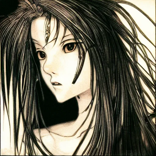 Image similar to Yoshitaka Amano realistic illustration of an anime girl with wavy white hair and cracks on her face wearing white shirt and black tie, abstract black and white patterns on the background, noisy film grain effect, highly detailed, Renaissance oil painting, weird camera angle