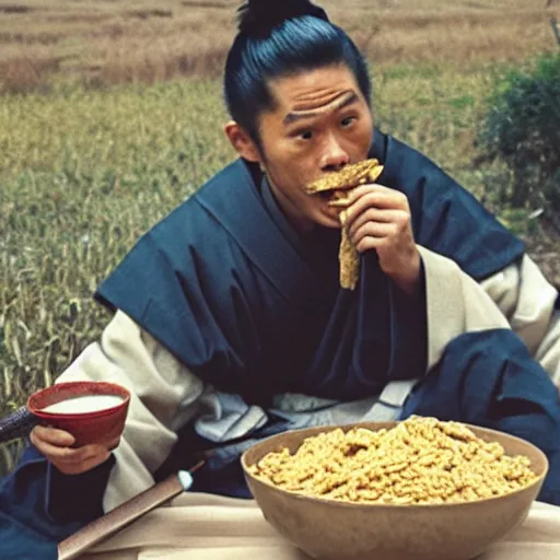 Image similar to battle-weary samurai eating king wheat cereal as missiles fly overhead