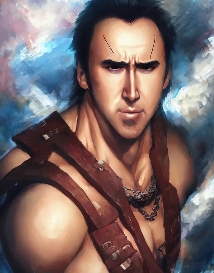 Image similar to anime portrait of nicolas cage as a muscular anime boy by Stanley Artgerm Lau, WLOP, Rossdraws, James Jean, Andrei Riabovitchev, Marc Simonetti, and Sakimichan, trending on artstation