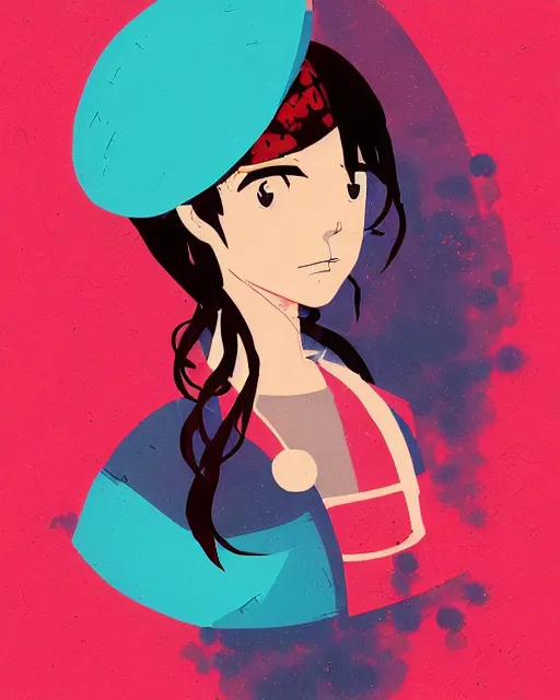 Prompt: girl with beret, colored manga panel, drawn by Anton Fadeev