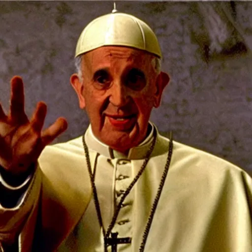 Image similar to a film still of the pope dresses in egyptian style as the faraoh, in the 1 0 commandments ( 1 9 5 6 ), technicolor color