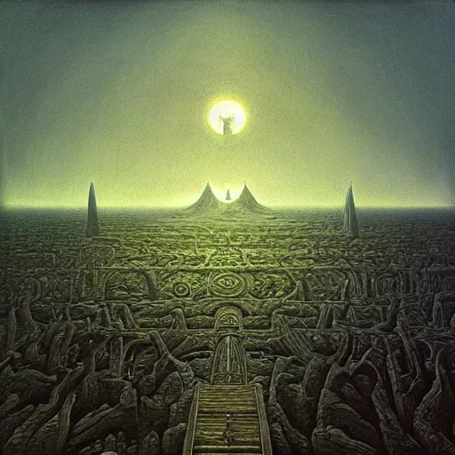 Image similar to “inside the Temples from LOZ: OOT hyperrealism in the style of Zdzisław Beksiński. Trending on artstation”