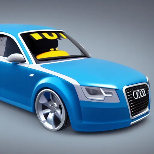 Image similar to very cute, disney pixar Cars character concept artwork, Denim Blue Audi A4 B6, 3d concept, high detail iconic character for upcoming film, 8k octane render, unreal engine