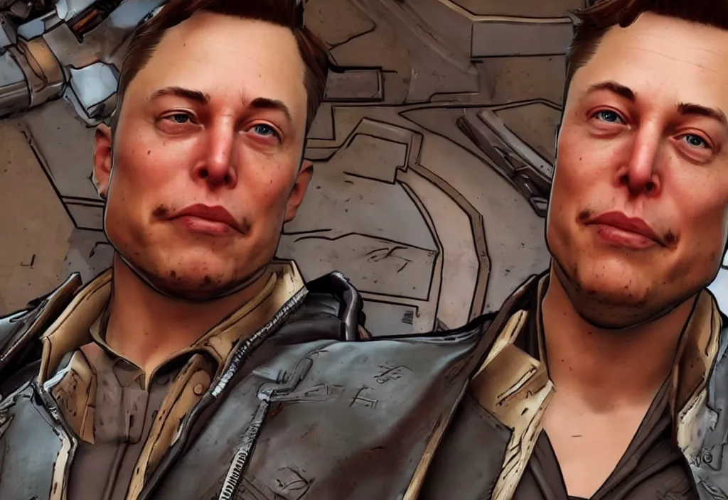 Image similar to elon musk in borderlands elon musk in the video game borderlands, gameplay screenshot, close up, 3 d rendering. unreal engine. amazing likeness. very detailed.