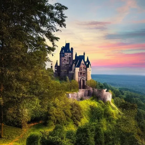 Image similar to a castle on a hill dominating a small town, in the middle of a forest, dusk, landscape