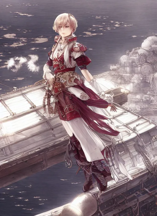 Image similar to character portrait of the white herald on the deck of an imperial airship in the sky, hidari, color page, tankoban, 4K, tone mapping, Akihiko Yoshida.