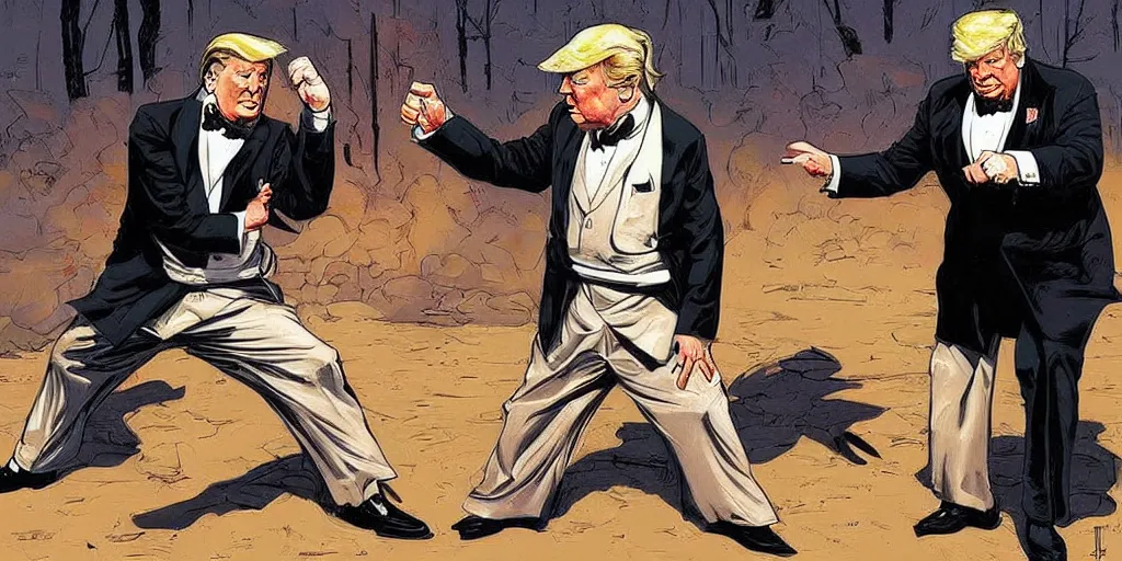 Image similar to Winston Churchill teaching Trump karate. Epic painting by James Gurney and Laurie Greasley.