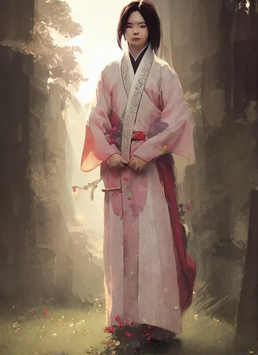 Image similar to oil painting girl wearing hanfu, herb rose, by greg rutkowski, artstation