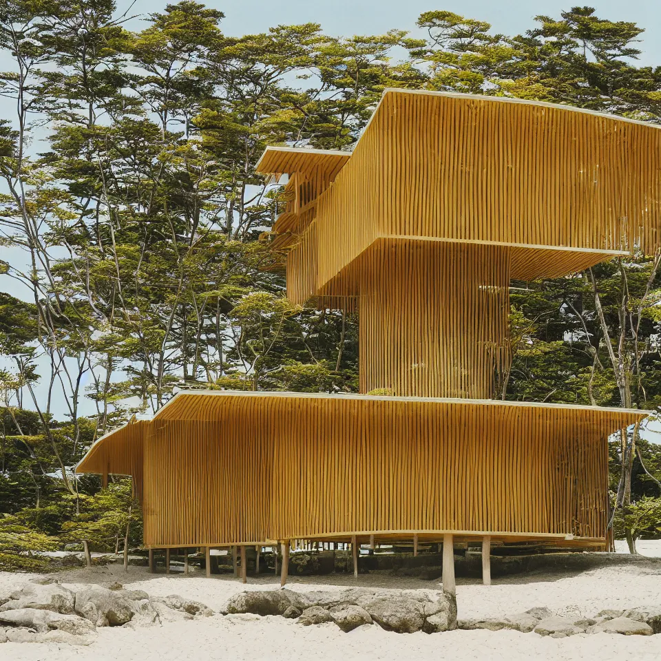 Prompt: architecture ad for a mid-century modern house on the beach, designed by Kengo Kuma. Film grain, cinematic, yellow hue