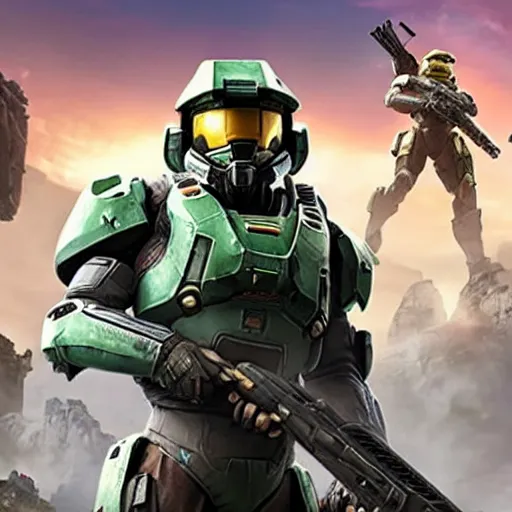 Prompt: master chief playing apex legends on xbox