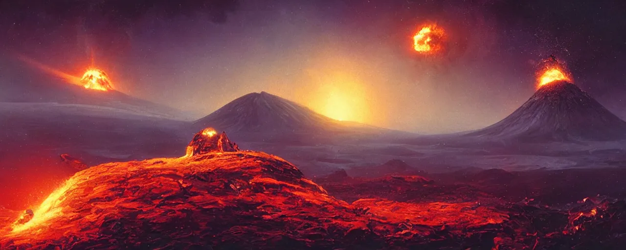 Image similar to ” outer planet with erupting volcanoes, [ art by paul lehr, cinematic, detailed, epic, widescreen, opening, establishing, mattepainting, photorealistic, realistic textures, octane render ] ”