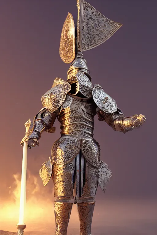 Image similar to a holy knight in ornate godly armor made of ivory, harnessing holy light, vfx, particles, realistic 8k octane render, unreal engine, sunny day, clear sky, noon, God rays, post processing