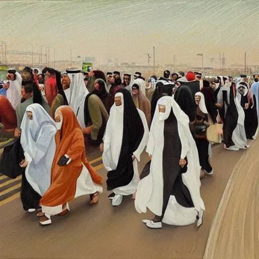 Image similar to painting of saudi commuters heading to the central business district of riyadh, painted by laurence stephen lowry, oil on canvas, national gallery