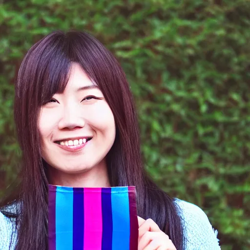 Prompt: japanese woman holding a bisexual pride flag and smiling
