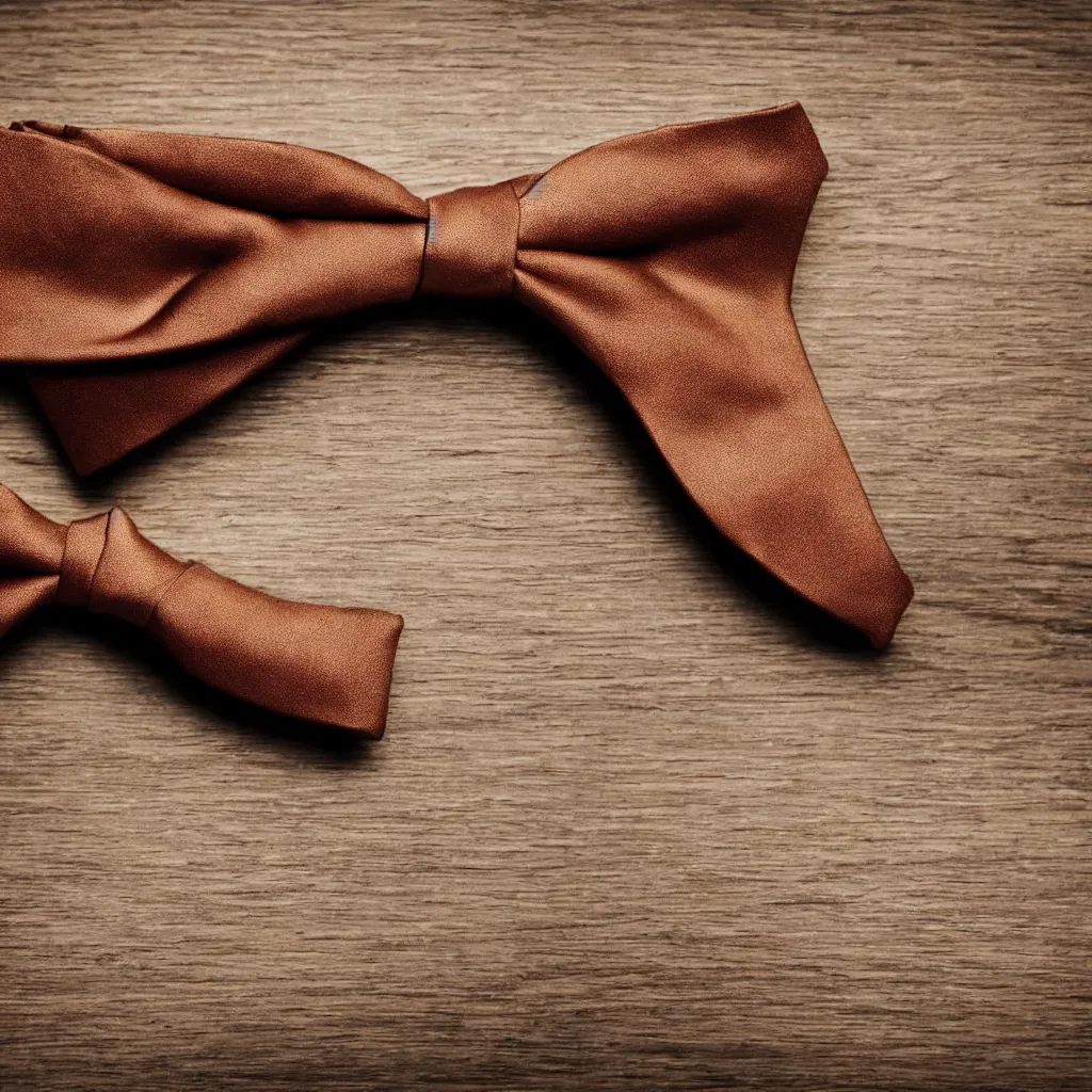 Prompt: close - up view of a bowtie on wooden table, 8 k, high detail, photorealistic, proper shading