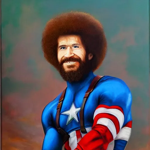 Prompt: Bob Ross as captain America, oil painting,