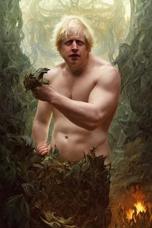 Prompt: portrait of boris johnson as a very pale hulking herculean demon, forest, godlike, full body, fantasy, intricate, elegant, highly detailed, digital painting, artstation, concept art, sharp focus, illustration, art by artgerm and greg rutkowski and alphonse mucha