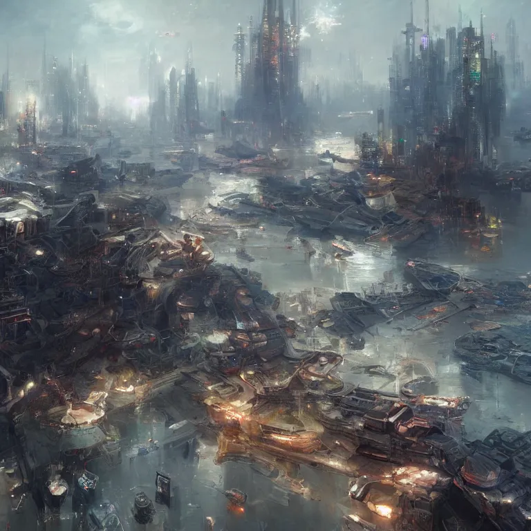 Image similar to a sprawling science fiction city harbour, painted by ruan jia and mandy jurgens and artgerm and william - adolphe bouguerea