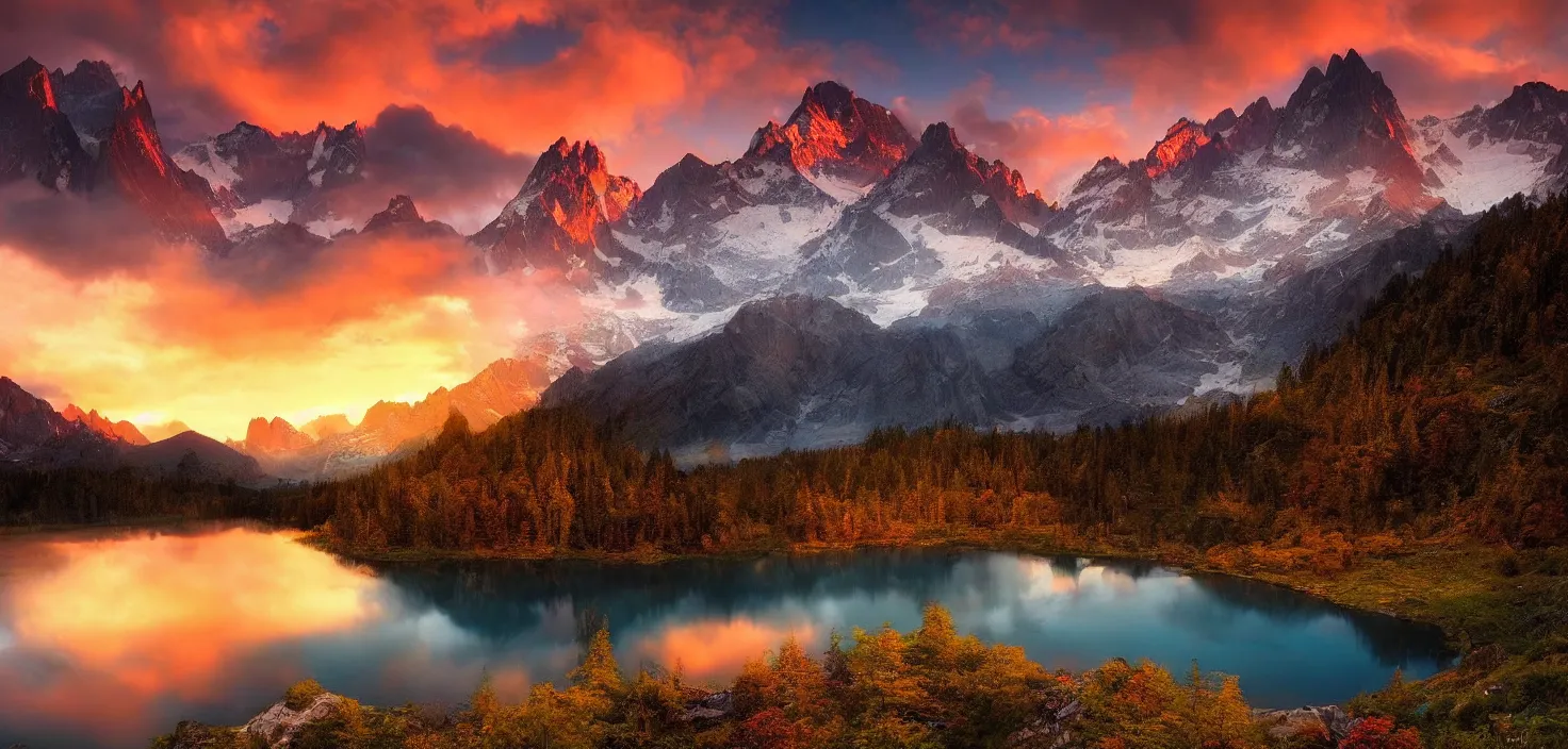 Image similar to amazing landscape photo of mountains with lake in sunset by marc adamus, beautiful dramatic lighting