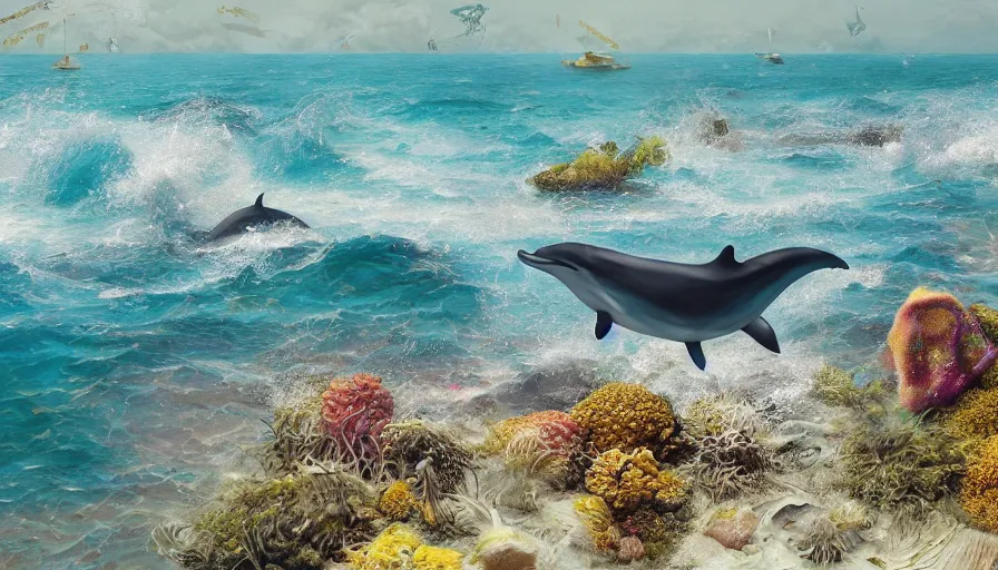 Image similar to craig mullins and ghibli digital illustration of, a dolphin in the blue dotted water, modern beach ， many umbrellas, white waves ， yellow gravel corals and schools of fish unreal engine, hyper realism, realistic shading, cinematic composition, realistic render, octane render, detailed textures, photorealistic, wide shot