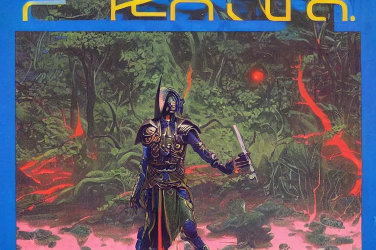 Image similar to 1979 OMNI Magazine Cover of a Druid elf with armor at a Garden park in Neo-Tokyo in cyberpunk style by Vincent Di Fate