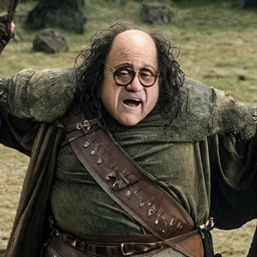 Image similar to movie still of danny devito starring as aragon in the 2 0 2 6 lord of the rings movie, with hat, full body