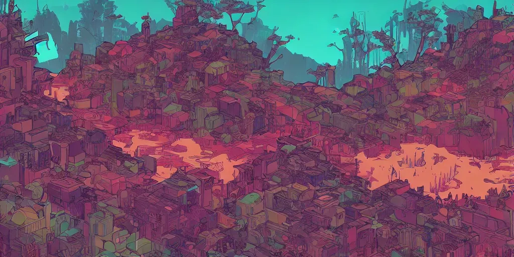 Prompt: generative digital art examples in the style of a video game illustration vivid color borderlands and by feng zhu and loish and laurie greasley, victo ngai, andreas rocha, john harris