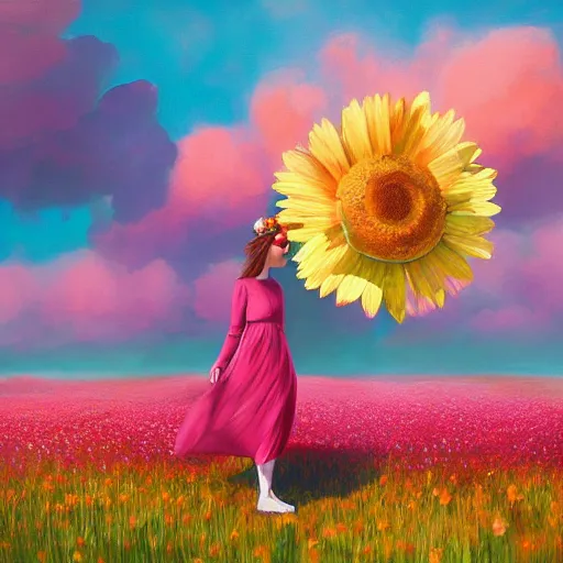 Prompt: giant daisy flower as head, full body girl walking in a flower field, surreal photography, sunrise, dramatic light, impressionist painting, colorful clouds, digital painting, artstation, simon stalenhag
