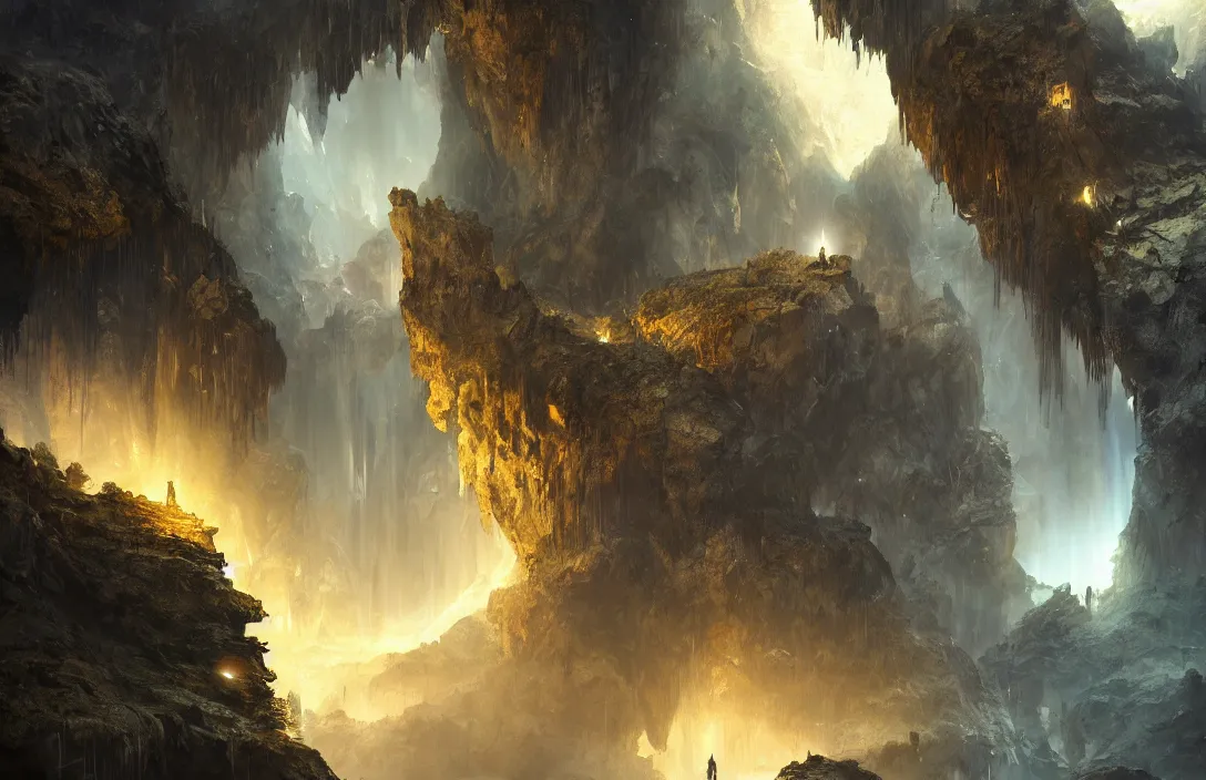 Image similar to a huge cave with a light portal far away in the style of stephan martiniere, detailed dreamscape, hyperreal phantastic, intricate details in environment, golden ratio, high aestehtic, waterfalls and lakes, cinematic light dramatic light, lightrays, flying birds in distance, trending on artstation