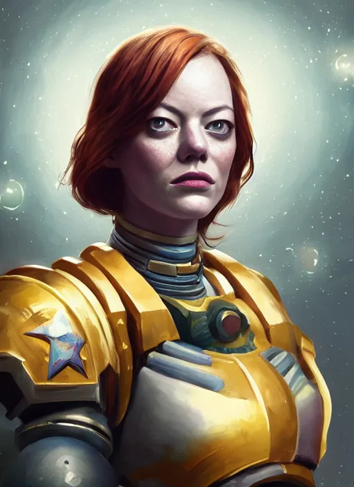 Prompt: cosmic portrait of emma stone as a space marine, apocalypse, naturel, hyper detailed, digital art, trending in artstation, cinematic lighting, studio quality, smooth render, unreal engine 5 rendered, octane rendered, art style by klimt and nixeu and ian sprigger and wlop and krenz cushart.