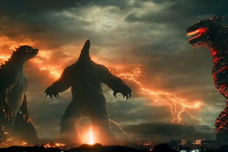 Image similar to two godzillas!!! sitting in the living room!!! couch!!! playing playstation in the couch, sitting with playstation controllers, playing videgames, in the living room, cinematic, epic lighting, still shot from the new godzilla movie