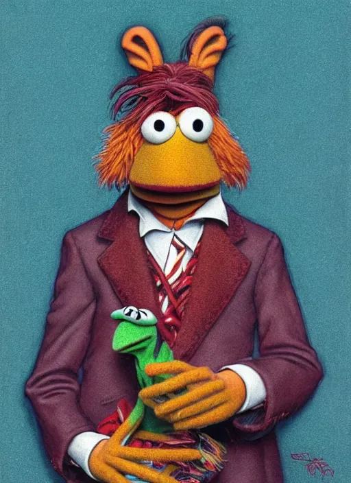 Image similar to portrait of Gonzo from the Muppets in Society (1989), highly detailed, centered, solid color background, digital painting, artstation, concept art, smooth, sharp focus, illustration, artgerm, donato giancola, Joseph Christian Leyendecker, Les Edwards, Ed Repka, WLOP, Artgerm