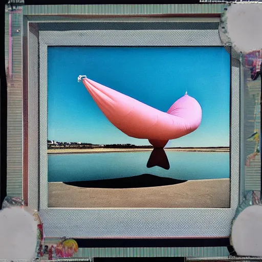 Image similar to a pastel colour high fidelity wide angle Polaroid art photo from a holiday album at a seaside with abstract inflatable parachute furniture, all objects made of transparent iridescent Perspex and metallic silver, no people, iridescence, nostalgic