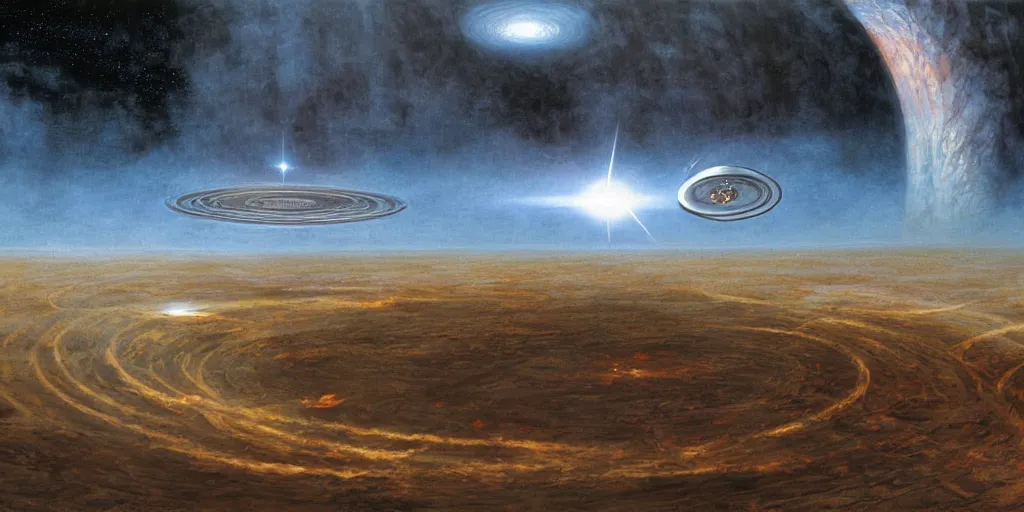 Image similar to Artwork by John Howe of the cinematic view of the Proton Disturbance Ring.