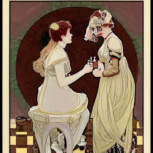 Image similar to two young edwardian women playing chess, in the style of mucha