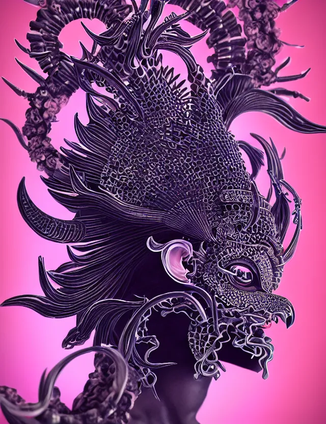 Image similar to 3 d goddess close - up profile satan biohazard portrait with crown, ram skull. beautiful intricately detailed japanese crow kitsune mask and clasical japanese kimono. betta fish, jellyfish phoenix, bio luminescent, plasma, ice, water, wind, creature, artwork by tooth wu and wlop and beeple and greg rutkowski