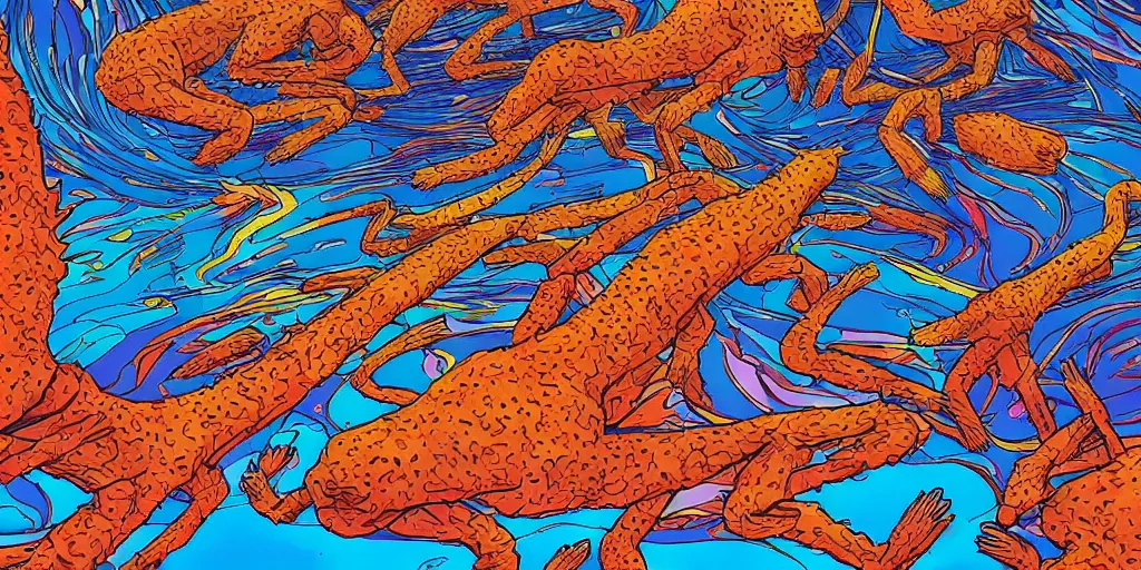 Image similar to electric cats that fly over ice, a lot of tv screens around, shrimps are all over the ground, acid and dreaming psychedelic hallucinations, by moebius and jean giraud, colorful flat surreal design, hd, 8 k, artstation