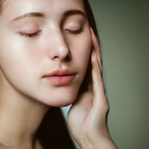 Image similar to photorealistic portrait of a beautiful young woman, very blurry, out of focus, translucent stone white skin, closed eyes, foggy, closeup