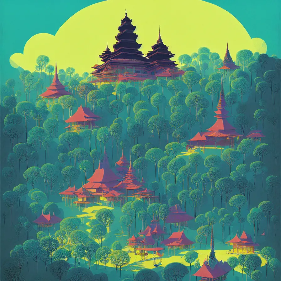 Prompt: ( ( ( gediminas pranckevicius ) ) ), wat bukit perak, summer morning, very coherent and colorful high contrast art by james gilleard floralpunk screen printing woodblock, dark shadows, pastel color, hard lighting