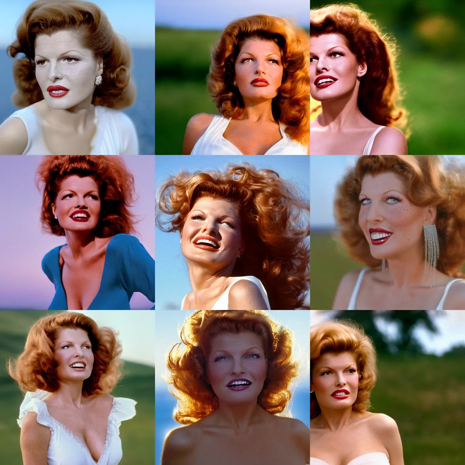 Prompt: natural 8 k close up shot of rita hayworth in a 2 0 0 5 romantic comedy. she stands in a white dress and looks on the horizon with winds moving her hair. fuzzy blue sky in the background. no make - up, small details, imperfections on the skin, freckles, beauty spots, wrinkles, natural lighting, 8 5 mm lenses, sharp focus